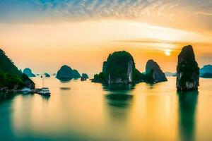 the sun sets over the water in halong bay, vietnam. AI-Generated photo