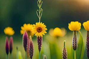 foto fondo de pantalla el sol, flores, césped, pradera, campo, campo, flores, césped. generado por ai