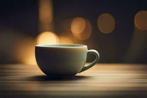 a coffee cup on a wooden table with bokeh lights. AI-Generated photo