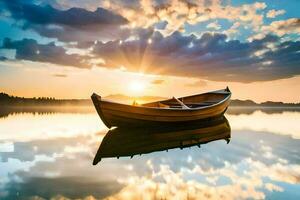 a boat is floating on the calm water at sunset. AI-Generated photo