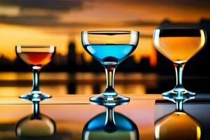 Tres vino lentes con diferente de colores líquidos en un mesa. generado por ai foto