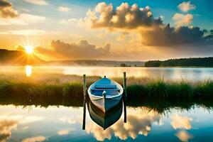 the boat is on the calm lake at sunset. AI-Generated photo