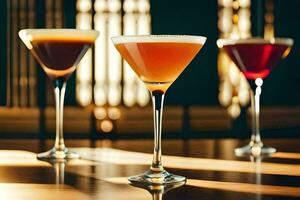 three different types of cocktails sit on a table. AI-Generated photo