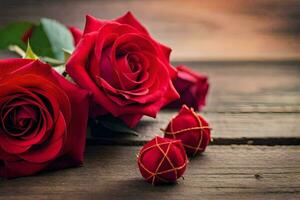 red roses on a wooden table. AI-Generated photo