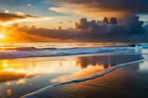 el Dom conjuntos terminado el Oceano y el cielo es reflejado en el agua. generado por ai foto