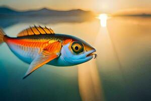 un pescado es volador terminado el agua a puesta de sol. generado por ai foto