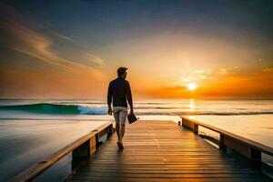 a man walking on a pier at sunset. AI-Generated photo