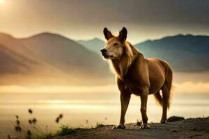 a horse standing on a dirt road with mountains in the background. AI-Generated photo