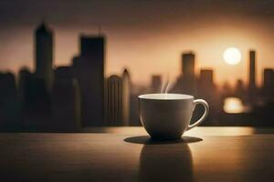 a cup of coffee on a table in front of a cityscape. AI-Generated photo