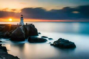 un faro se sienta en el rocas a puesta de sol. generado por ai foto