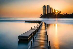 a long pier stretches into the ocean at sunset. AI-Generated photo