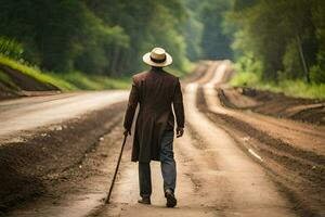 un hombre en un sombrero y Saco caminando abajo un suciedad la carretera. generado por ai foto