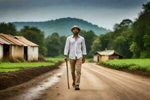 a man walking down a dirt road with a cane. AI-Generated photo