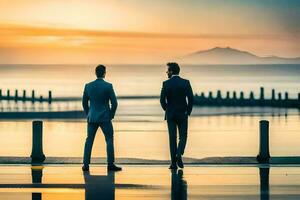 two men in suits standing on a pier looking at the ocean. AI-Generated photo
