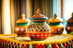 a colorful pot sitting on top of a table. AI-Generated photo