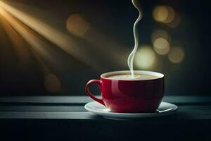 a cup of coffee on a table with a light background. AI-Generated photo