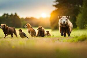 a bear and a group of birds walking in the grass. AI-Generated photo