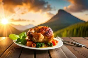 un plato de comida con un ver de el montañas. generado por ai foto