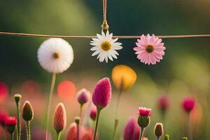 flores colgando desde un cuerda en un campo. generado por ai foto