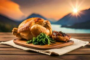 chicken and broccoli on a wooden table in front of the sunset. AI-Generated photo