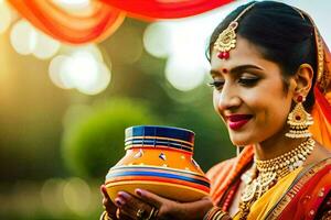 un mujer en tradicional indio atuendo participación un maceta. generado por ai foto