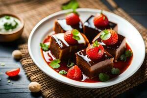 a plate of dessert with strawberries and sauce. AI-Generated photo