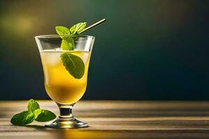 a glass of lemonade with mint leaves on the table. AI-Generated photo