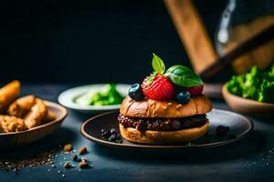 a burger with berries and vegetables on it. AI-Generated photo