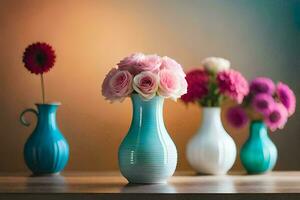 four vases with pink flowers in them on a table. AI-Generated photo