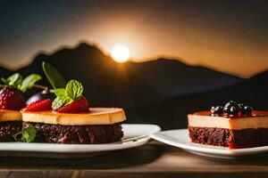 two desserts on white plates with mountains in the background. AI-Generated photo