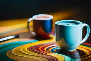 a coffee cup and a pen on a colorful table. AI-Generated photo