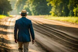 a man in a suit and hat walks down a dirt road. AI-Generated photo