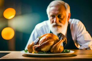 an old man with a beard and tie sitting at a table with a turkey. AI-Generated photo