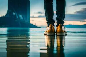 a person standing on the edge of a body of water. AI-Generated photo