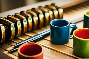 vistoso tazas y palillos en un de madera mesa. generado por ai foto