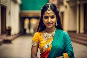 a beautiful woman in a colorful sari. AI-Generated photo