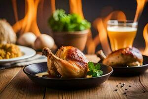 dos pollo piernas en un plato con un vaso de cerveza. generado por ai foto