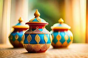 three colorful ceramic pots sitting on a table. AI-Generated photo