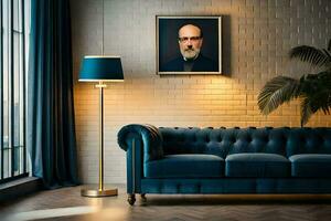 un azul sofá en frente de un cuadro. generado por ai foto