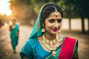 hermosa indio mujer en tradicional atuendo. generado por ai foto