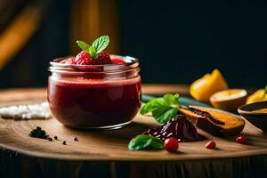 a jar of fruit and berries on a wooden table. AI-Generated photo