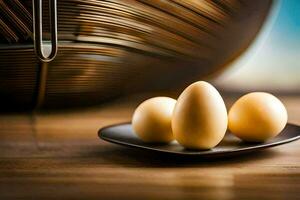 three eggs on a plate in front of a basket. AI-Generated photo