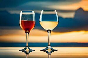 two wine glasses with white and red wine on the beach. AI-Generated photo