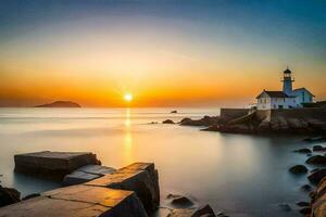 the sun sets over a lighthouse on the ocean. AI-Generated photo