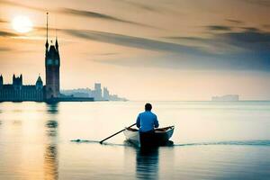 a man rowing a boat in the water with big ben in the background. AI-Generated photo