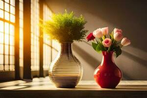 two vases with flowers on a table in front of a window. AI-Generated photo