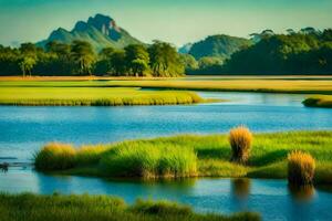 a river and grassy field with mountains in the background. AI-Generated photo