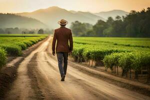 a man in a hat walks down a dirt road in a field. AI-Generated photo