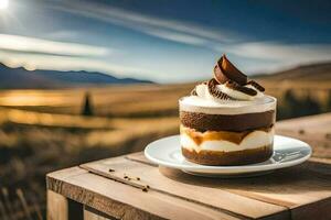 a dessert with a desert on top of a wooden table. AI-Generated photo