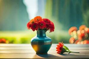 a vase with red flowers on a table in front of a garden. AI-Generated photo